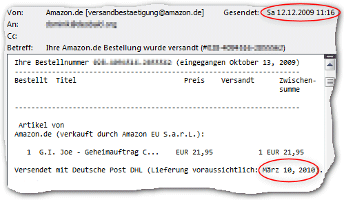 Versand: 12.12.2009, Lieferung: 10.03.2010